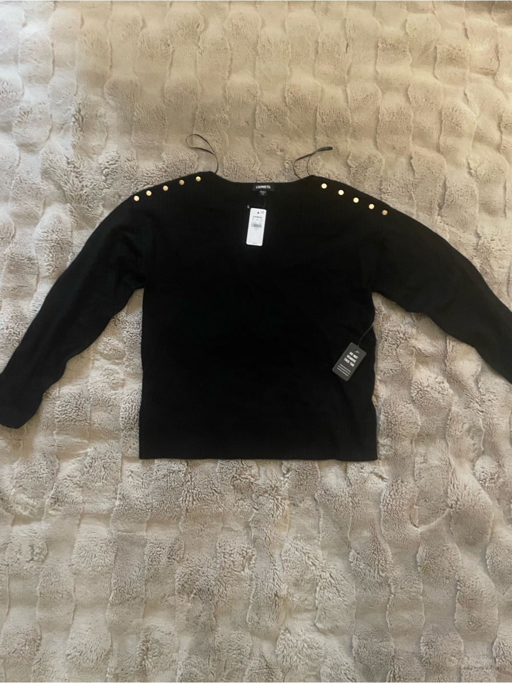 Express Black Ribbed Crewneck Sweater with Gold Stud Accents
